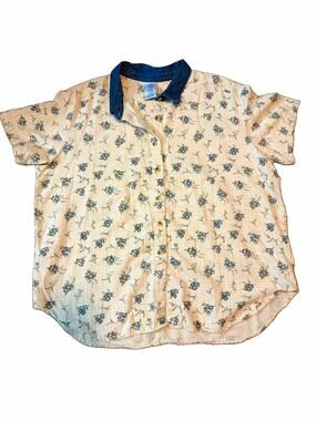 Just My Size Plus Floral Collared Button Front Short Sleeve Blouse 18W/20W
